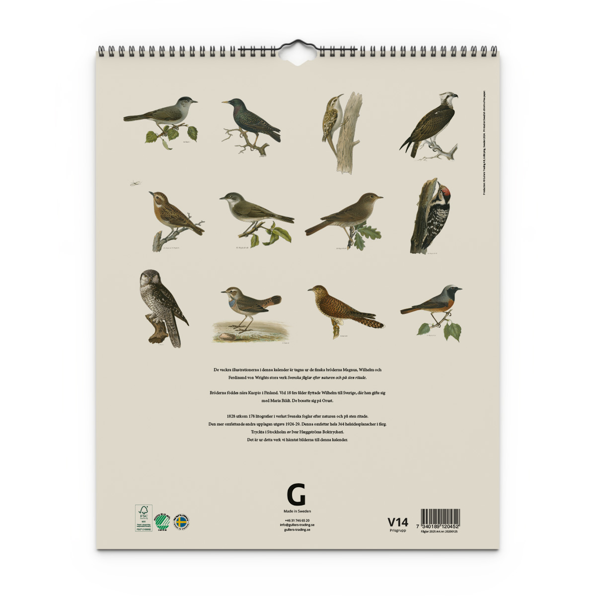 Väggkalender Fåglar 2025 Baksida