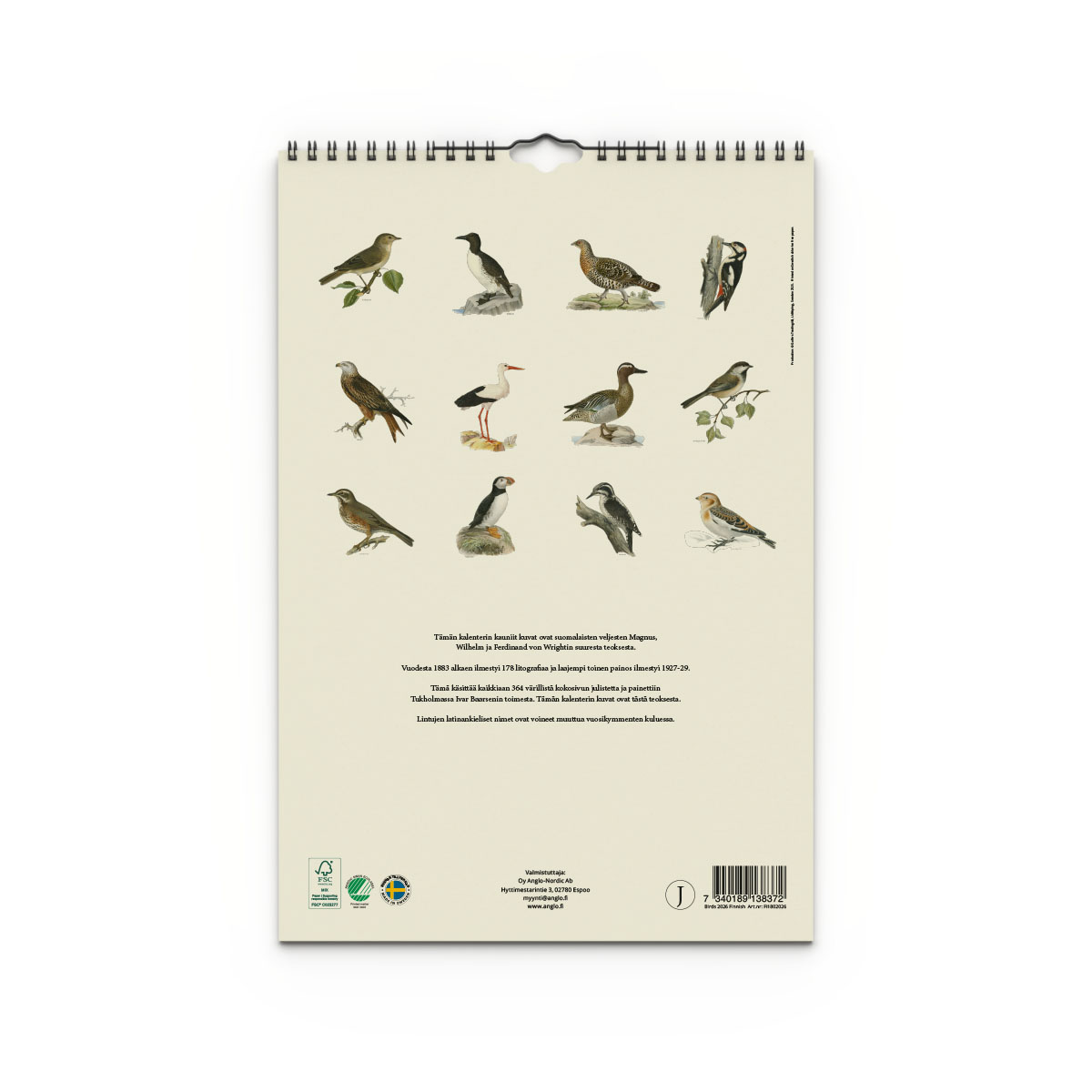 Väggkalender Fåglar 2026 Finsk baksida