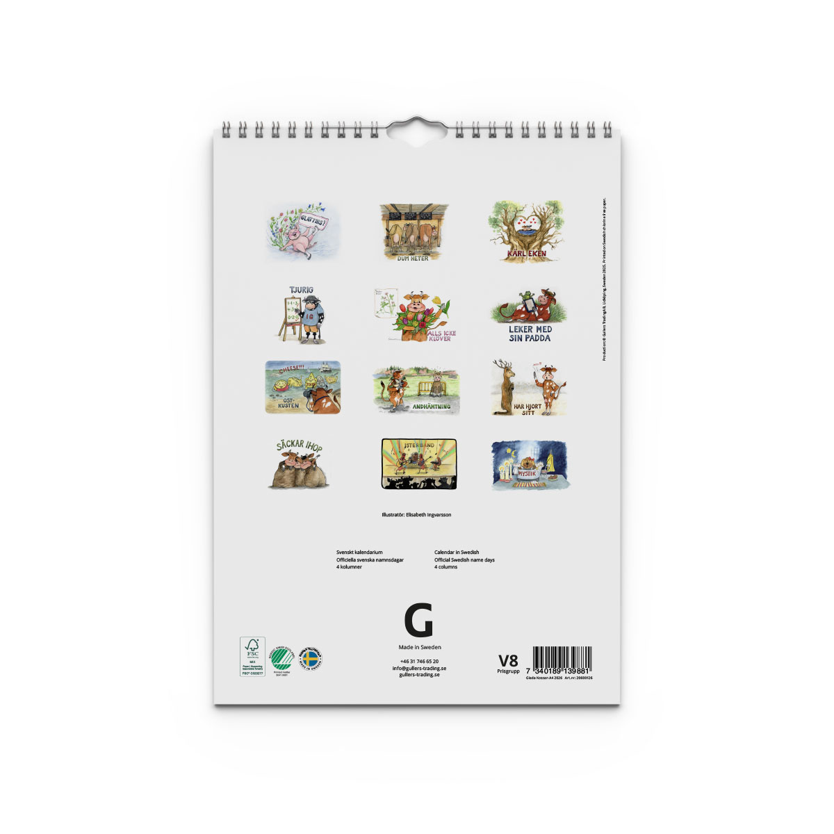 Familjekalender Glada Kossan 2026 baksida