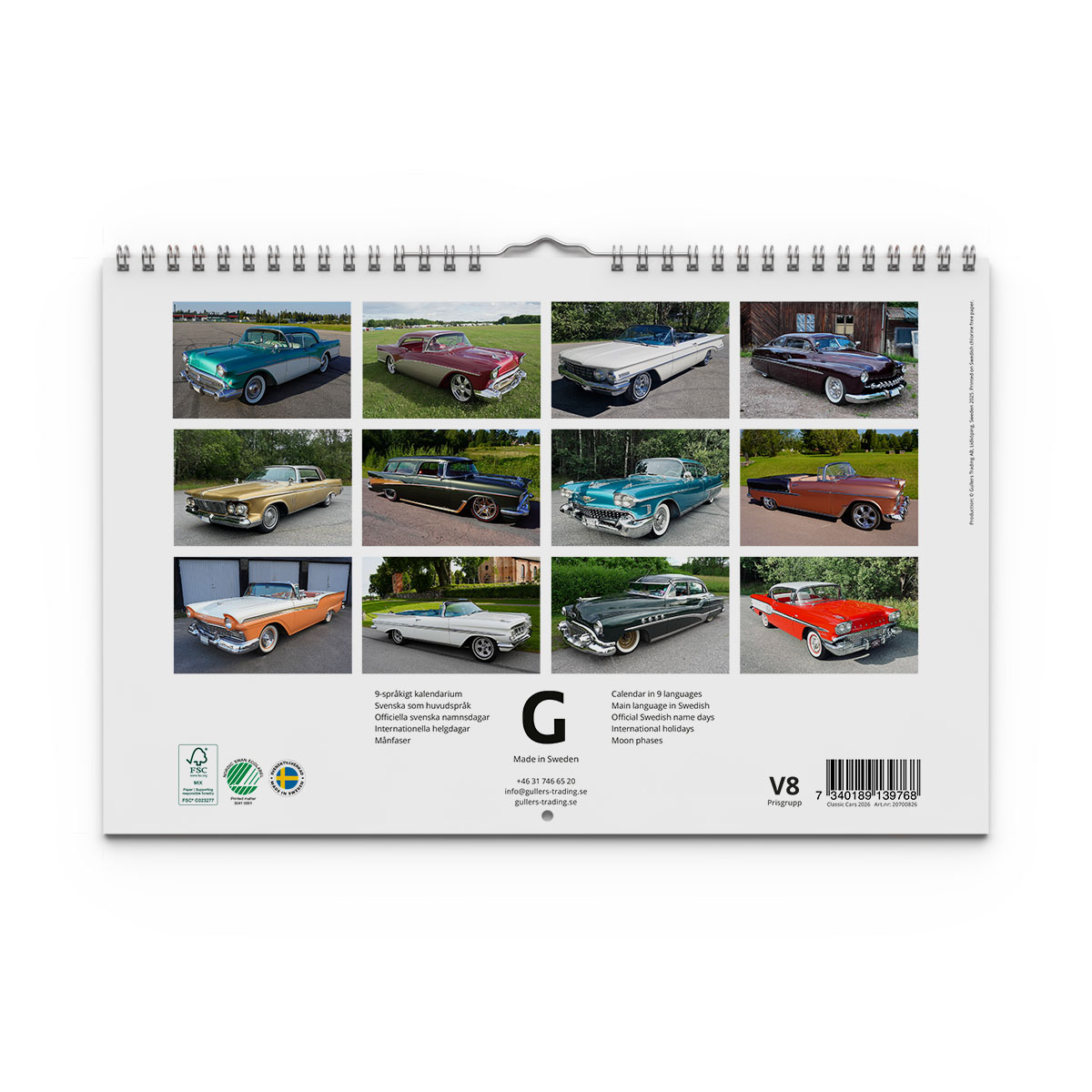 Väggkalender Classic Cars 2026 medium baksida