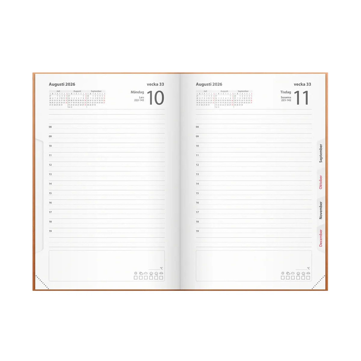 Kalender Dagbok 2026 konstläder cognac uppslag