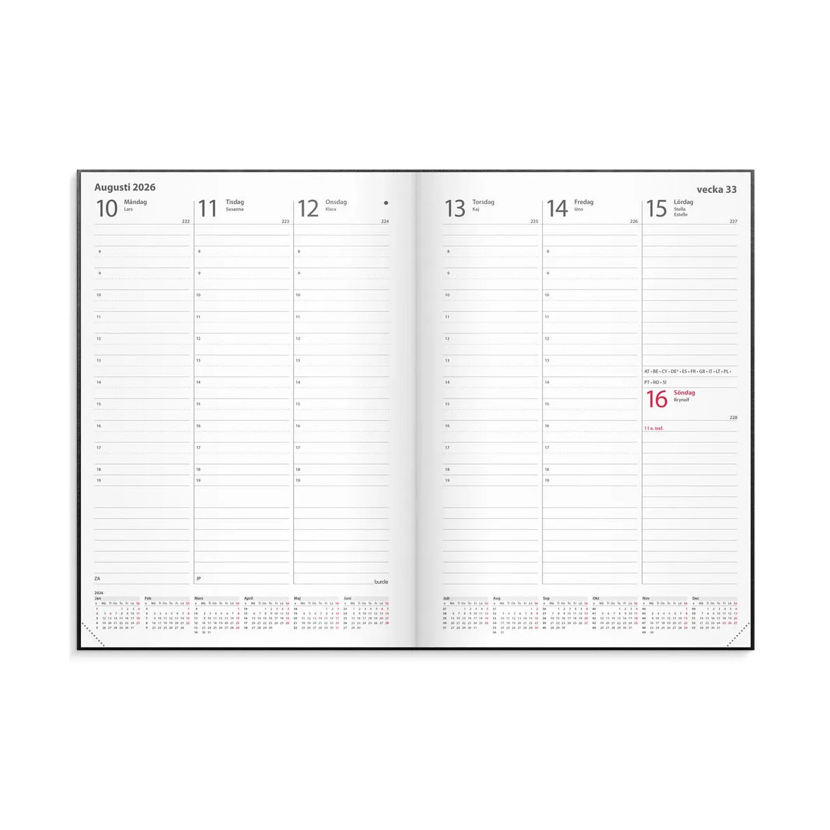 Kalender Weekly 2026 A5 svart konstläder uppslag