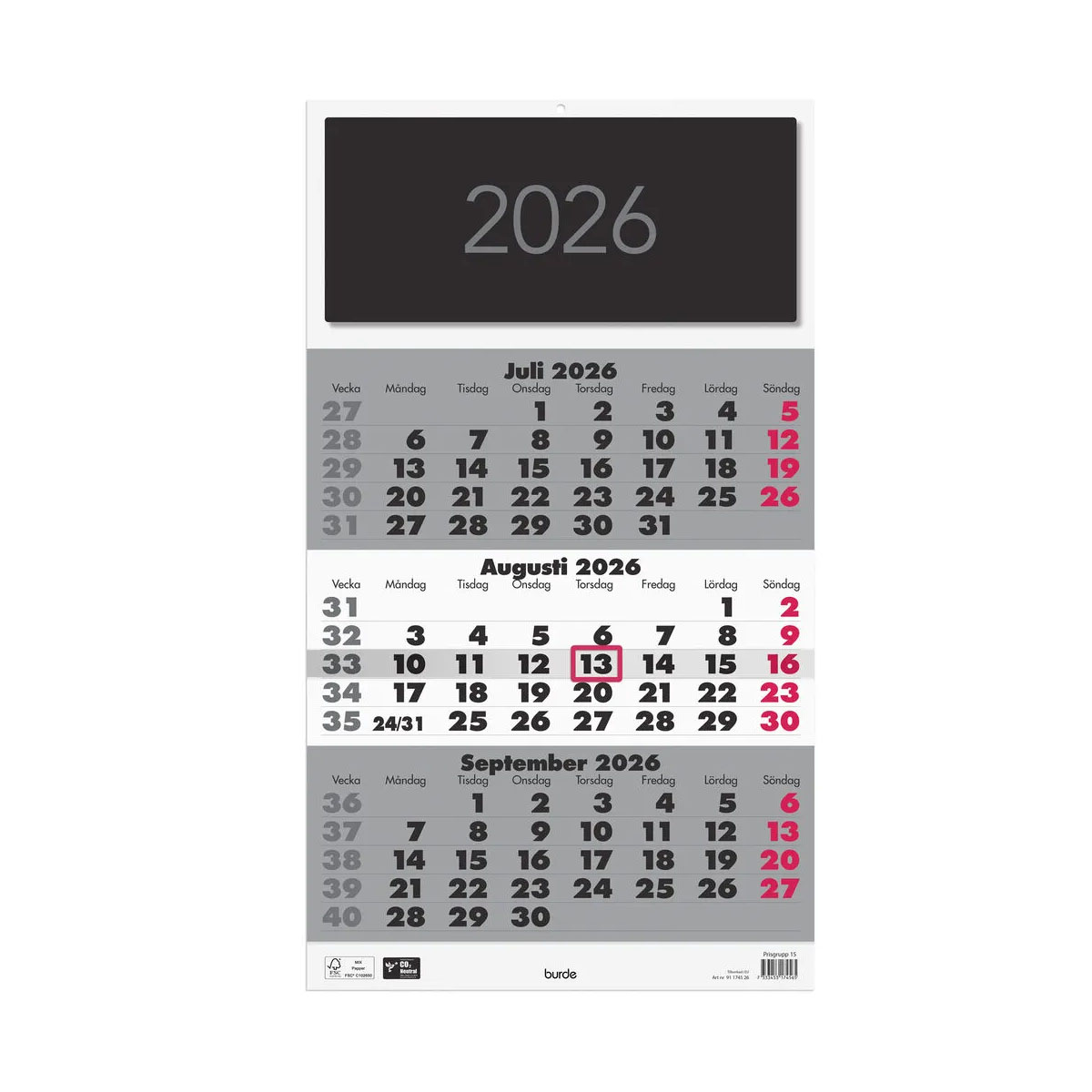 Väggkalender Triplaner Elegant 2026
