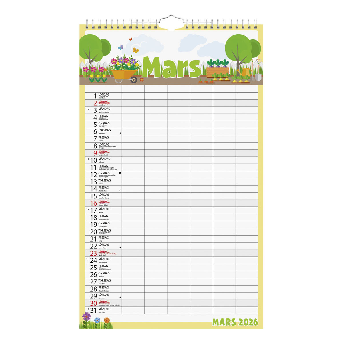 Familjekalender Kom i håg 2026 uppslag