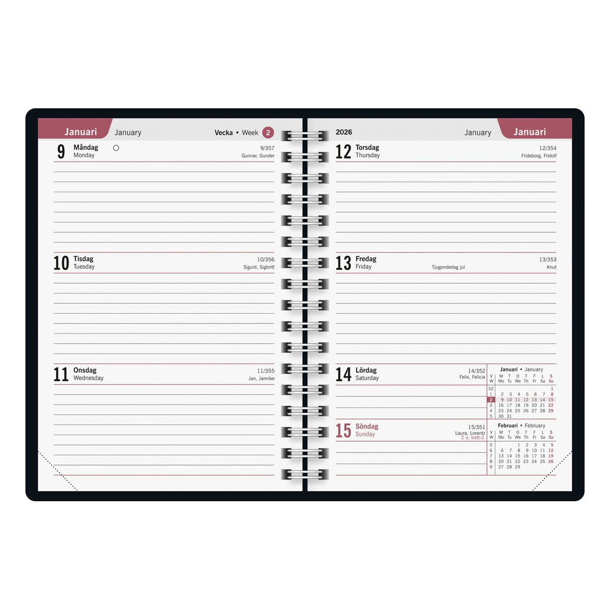 Veckokalender A6 Heart 2026 uppslag