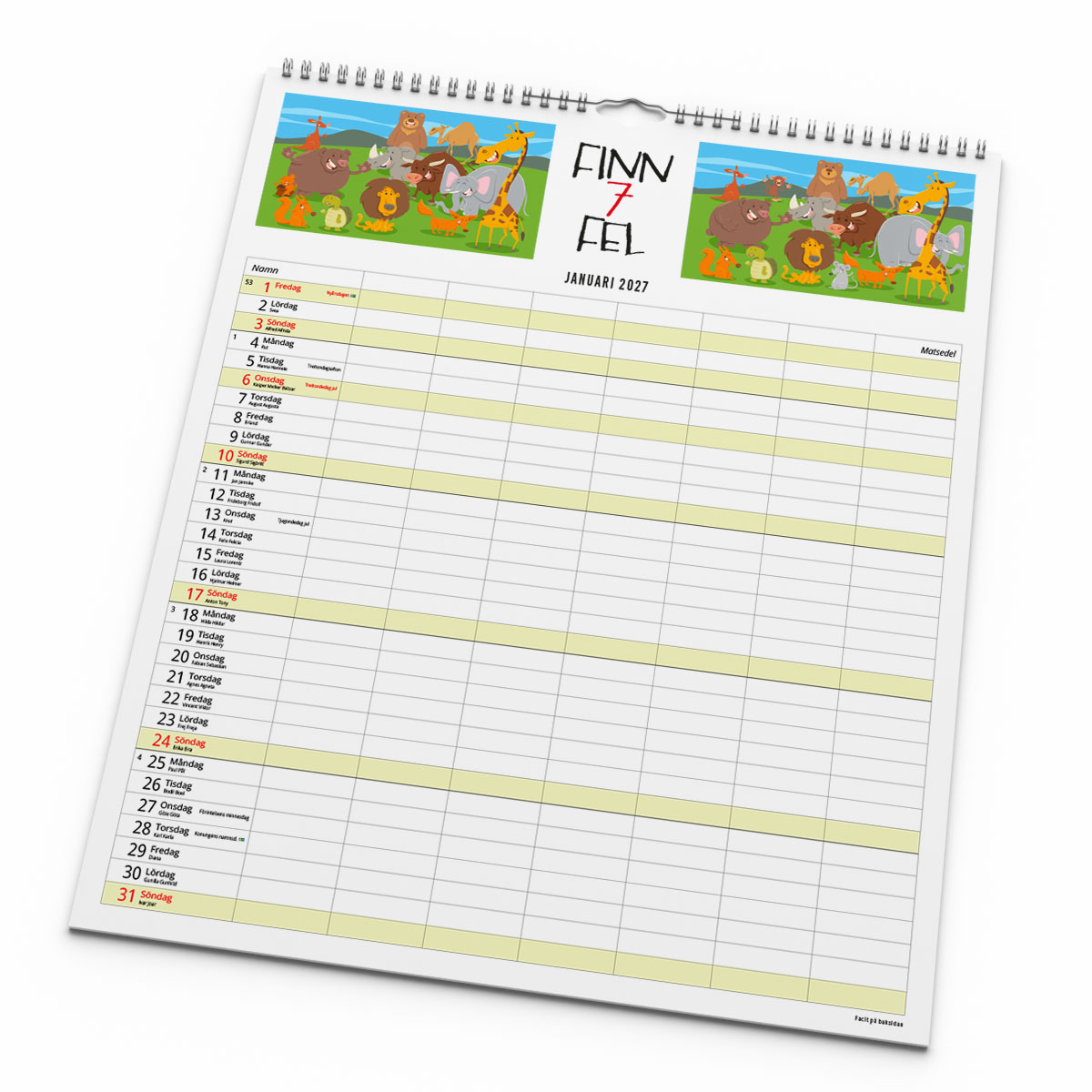 Familjekalender Smarta Familjen 2027 uppslag