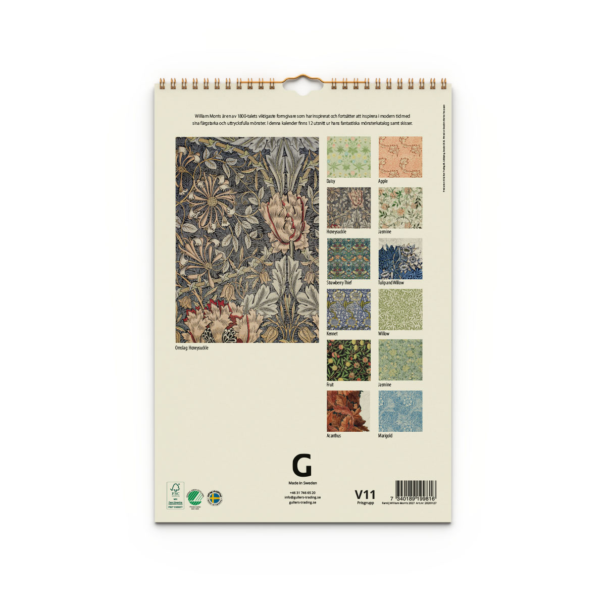 Familjekalender William Morris 2027 baksida