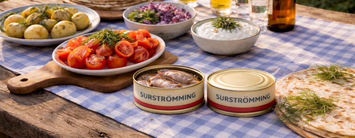 Dukat bord utomhus med surströmmingsburkar, tunnbröd, kokt potatis, tomater, rödlökssallad och gräddfil.