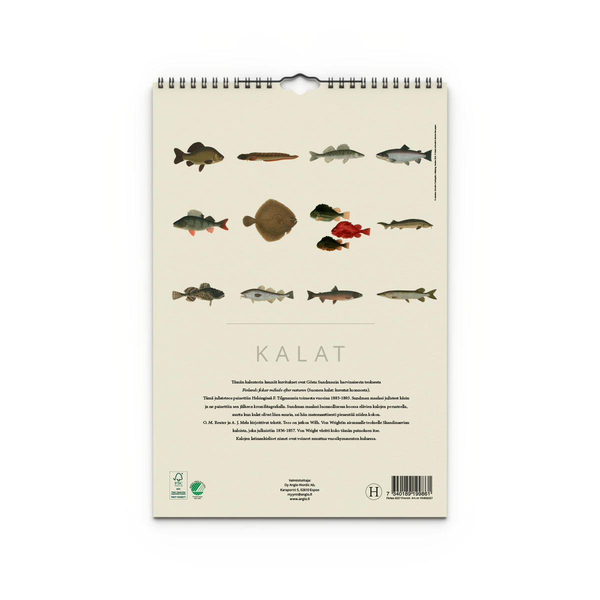 Väggkalender Fiskar 2027 Finsk baksida
