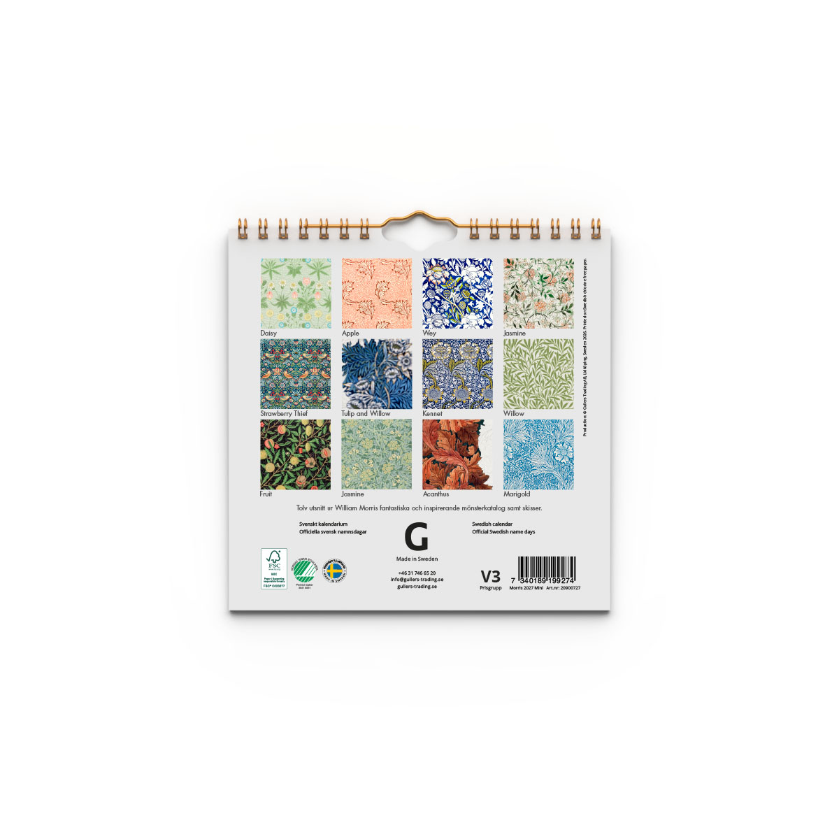 Väggkalender William Morris Mini 2027 baksida