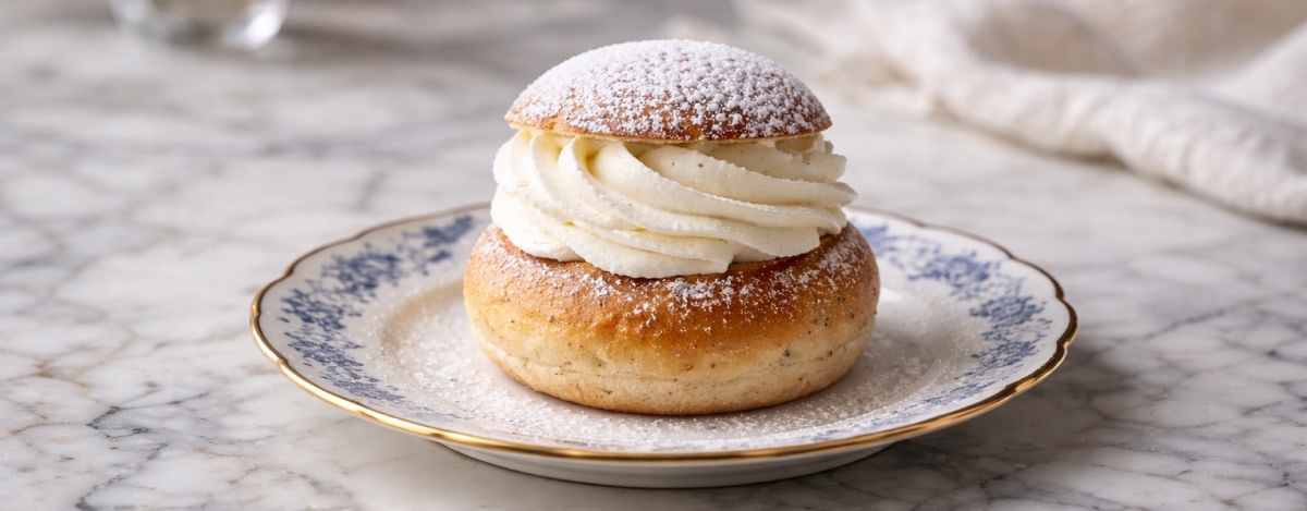 Semla på porslinsfat, rikligt pudrad med florsocker, fotograferad på avstånd.