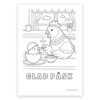 Förhandsvisning av målarbild. En höna matar en kyckling med sked. Kycklingen sitter i sitt ägg, med äggskal på huvudet. Texten "Glad påsk" under motivet.