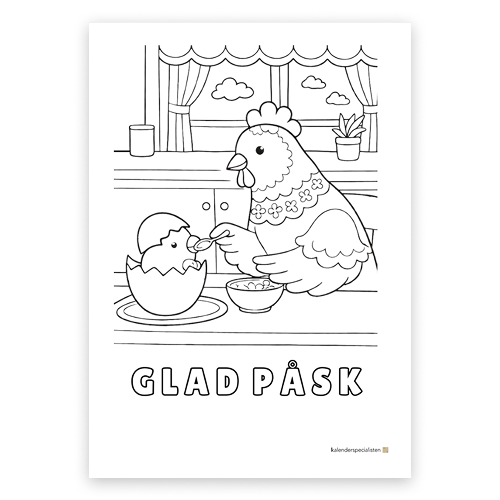 Förhandsvisning av målarbild. En höna matar en kyckling med sked. Kycklingen sitter i sitt ägg, med äggskal på huvudet. Texten "Glad påsk" under motivet.