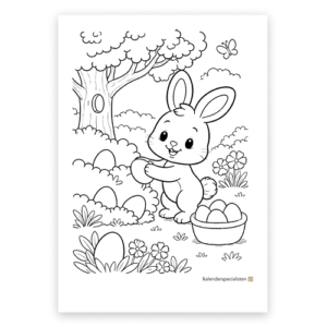 Förhandsvisning av målarbilden. En påskhare gömmer påskägg i buskar.