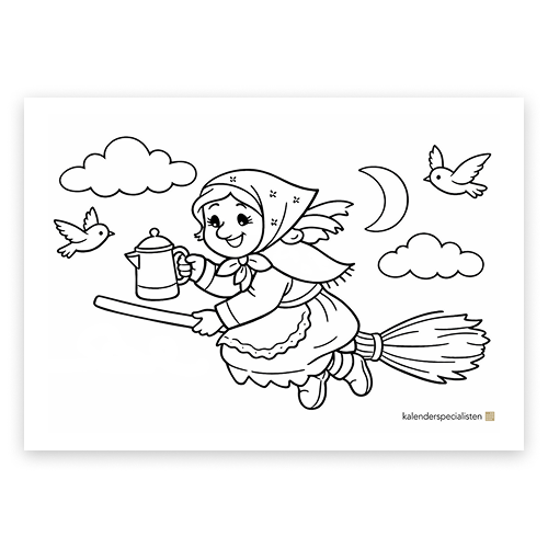 Förhandsvisning av målarbild. En påskkärring flyger på en kvast. Hon håller en kaffekanna. Fåglar flyger vid henne.