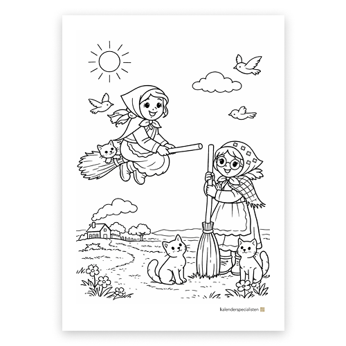 Förhandsvisning av målarbild. Två påskkärringar, varav en flyger på sin kvast. Bilden visar också katter, fåglar, ett hus och gräs.