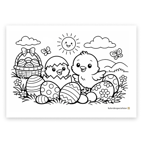 Gratis Målarbild Påskkycklingar Förhandsvisning av målarbild. Kycklingar, ägg, blommor och en glad sol.