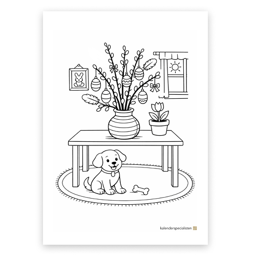 Gratis Målarbild Påskris Förhandsvisning av målarblad. Ett påskris står på ett bord, under bordet sitter en hund.