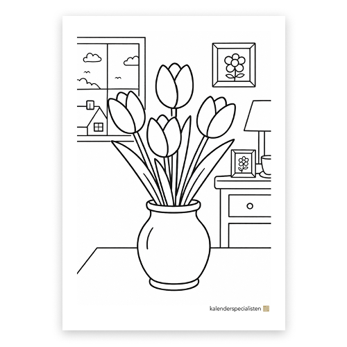 Förhandsvisning av målarbilden. Tulpaner står i vas. I bakgrnden syns bland annat fönster och byrå.