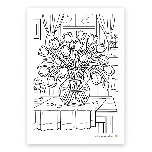 Förhandsvisning av målarbilden. Flera tulpaner står i en glasvas. Stort fönster i bakgrunden.