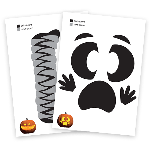 Mall för pumpamönster med två olika Halloweenmotiv -utskrivbara schabloner för pumpaskärning.