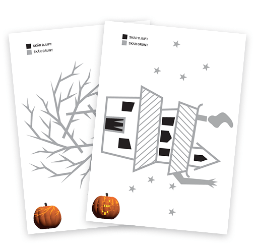Mall för pumpamönster med två olika Halloweenmotiv -utskrivbara schabloner för pumpaskärning.