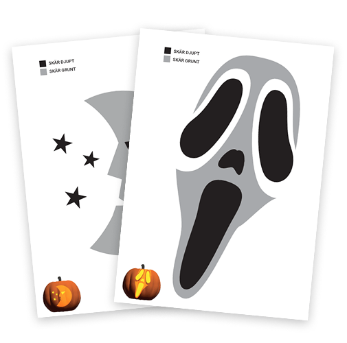 Mall för pumpamönster med två olika Halloweenmotiv -utskrivbara schabloner för pumpaskärning.