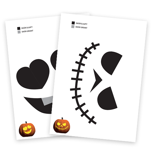 Mall för pumpamönster med två olika Halloweenmotiv -utskrivbara schabloner för pumpaskärning.