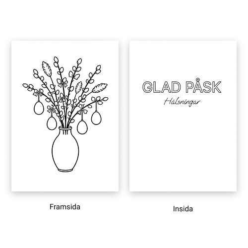 Förhandsvisning av påskkort. Framsidas motiv är ett påskris. Insidan har texten "Glad påsk, hälsningar".