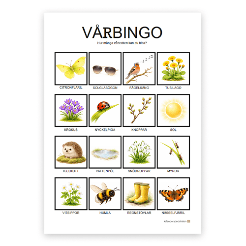 Vårbingo - bingobricka med 16 rutor. Rutorna visar vårtecken.