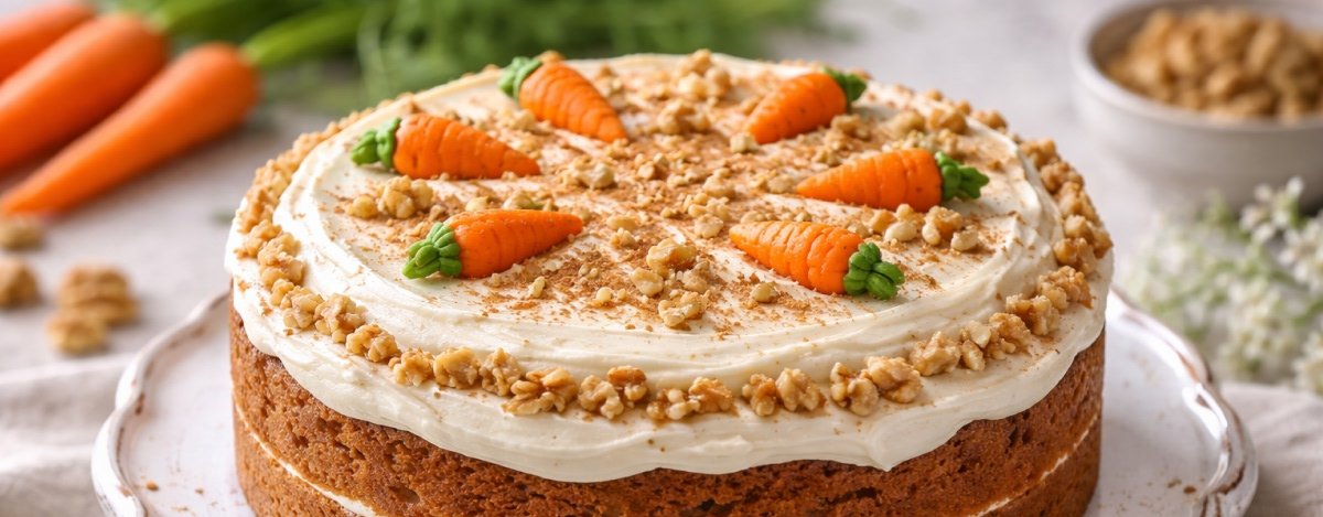 Morotskaka med frosting, dekorerad med marsipanmorötter och valnötter.
