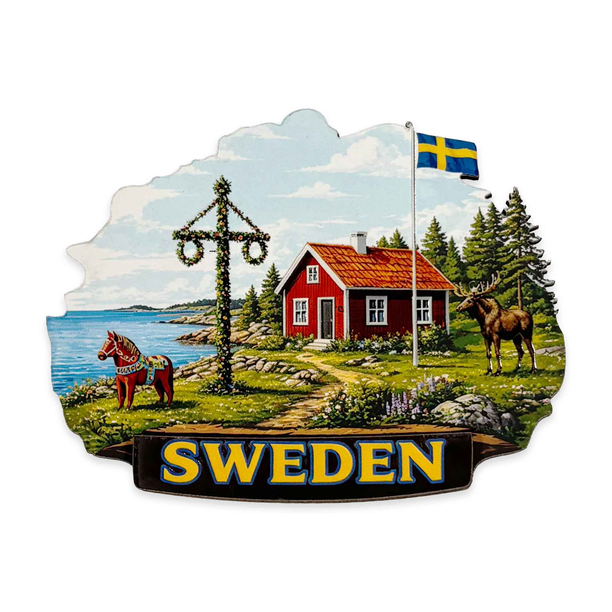 Magnet Trä Röd Stuga Sweden