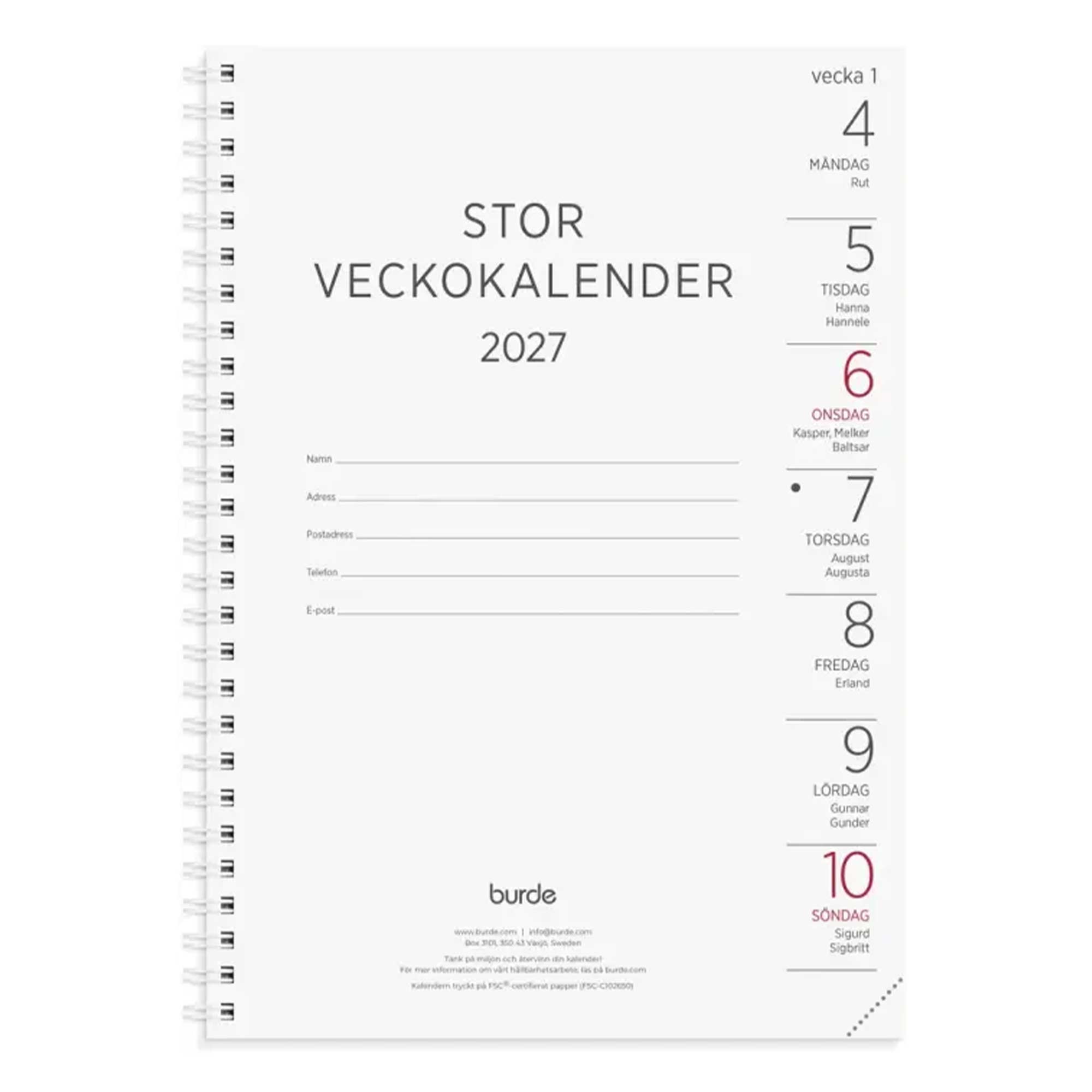 Kalender Stor Veckokalender refill 2027 Kalender Stor Veckokalender refill 2027