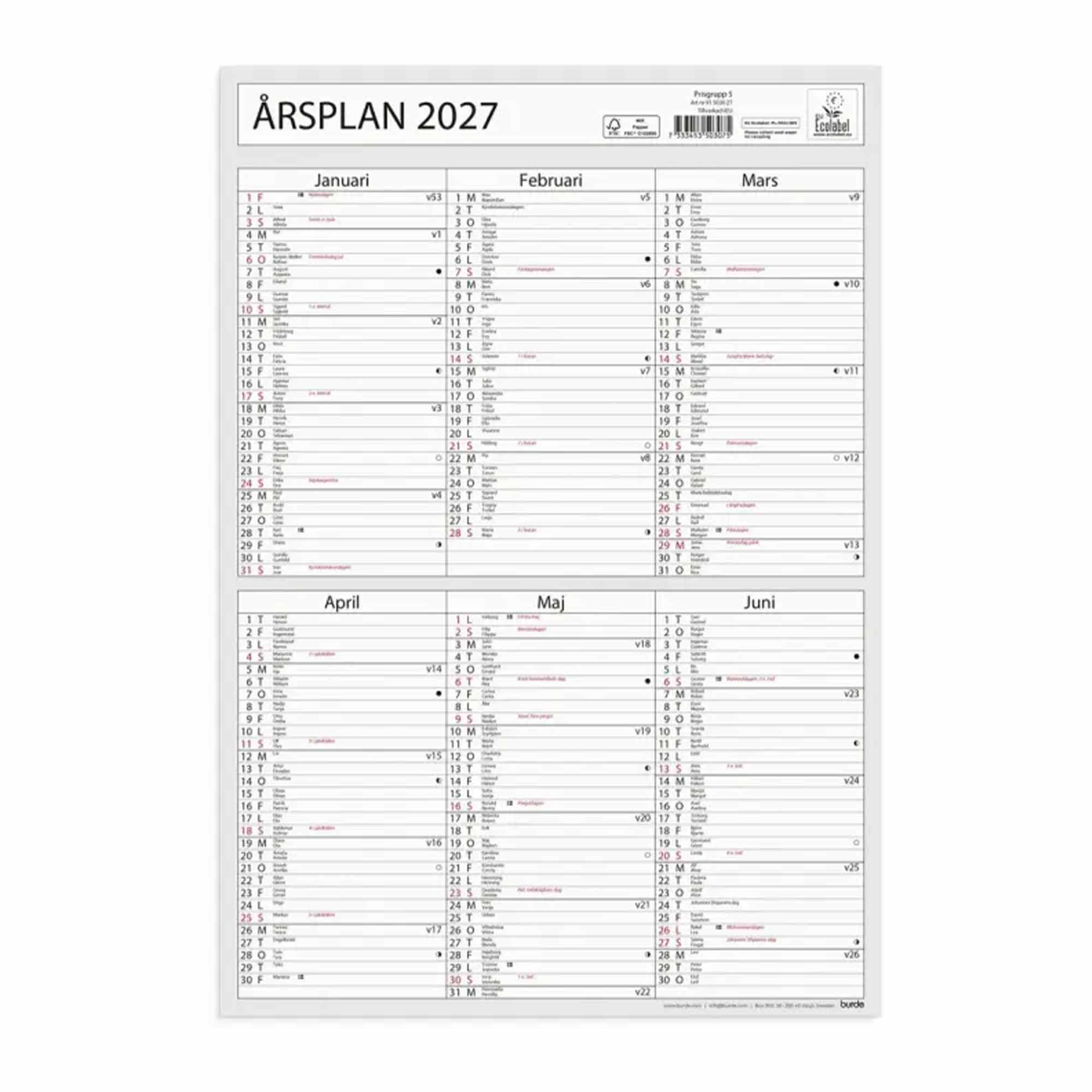 Kalender Väggblad Årsplan 2027
