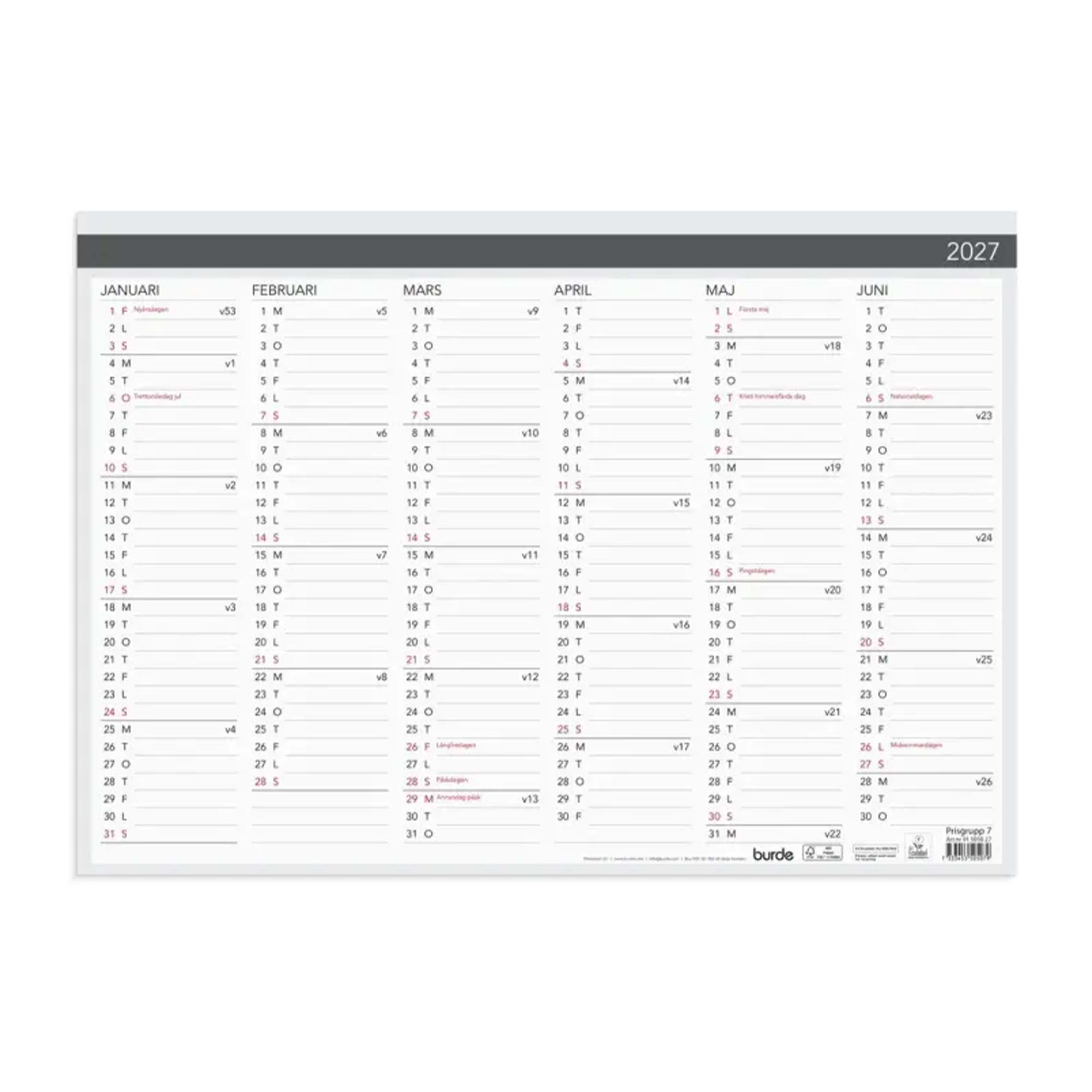 Kalender Väggblad Elegant 420x297mm 2027 Kalender Väggblad Elegant 420x297mm 2027