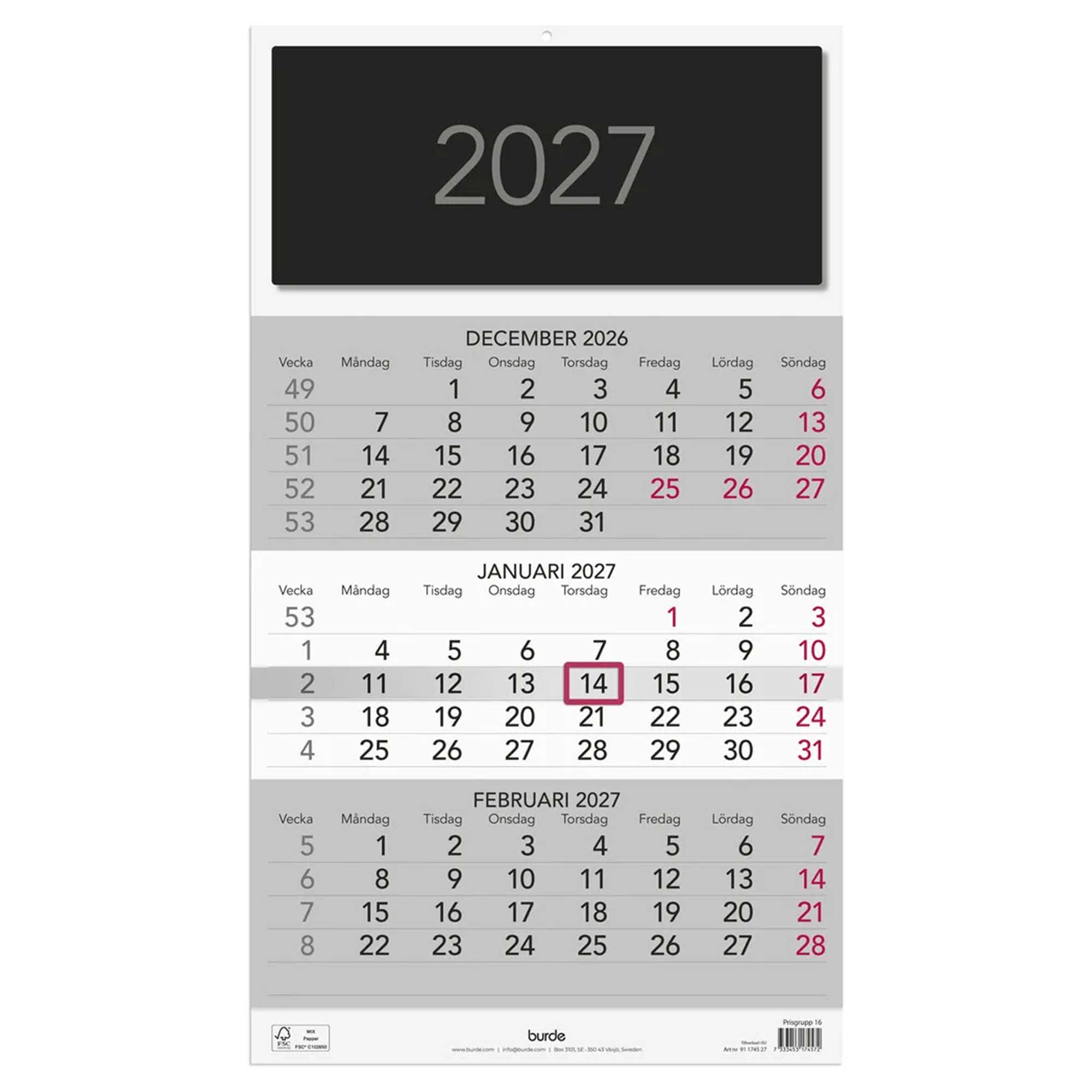 Väggkalender Triplaner Elegant 2027 Väggkalender Triplaner Elegant 2027